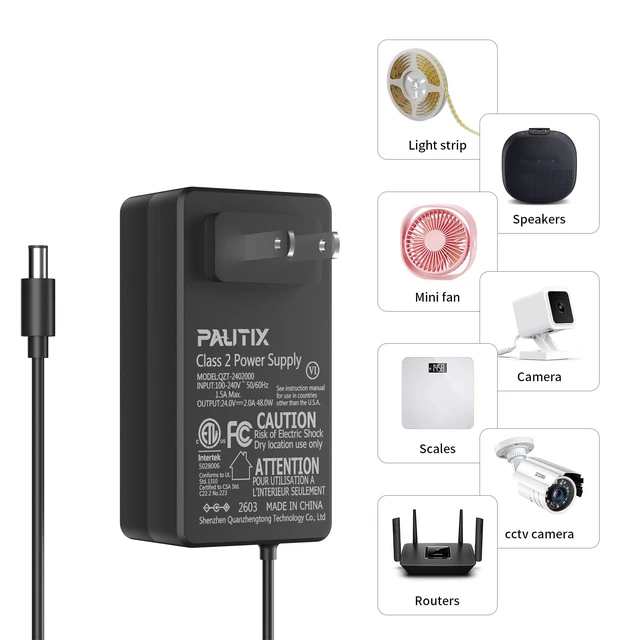Alt view image 5 of 5 - 24V DC Power Supply Adapter 24Volt 2A 48W Low Voltage LED Driver Transformer with 5.5 x 2.1mm US Plug for LED Strip,CCTV Camera,COB LED Lighting,Suit 1.5A 1A 0.5A Device Power Source