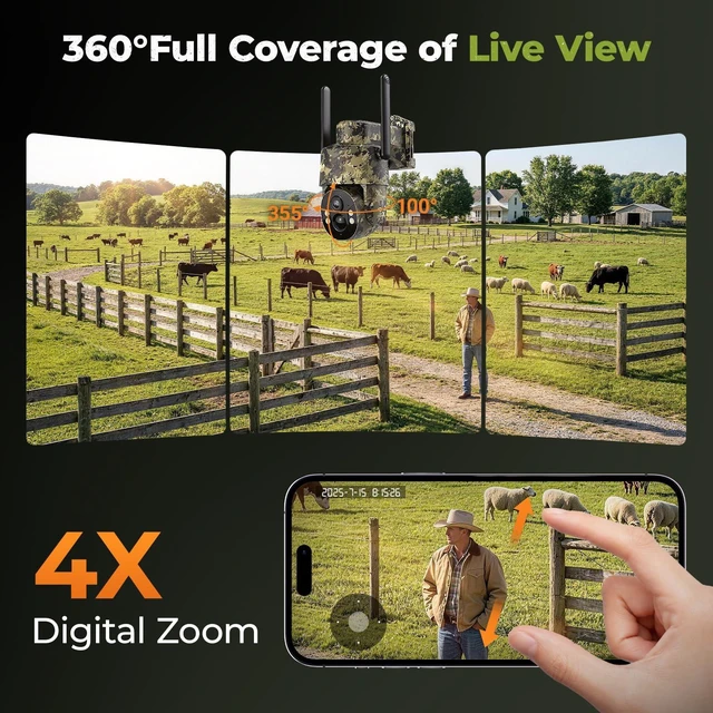 Alt view image 3 of 7 - 4G LTE Cellular Trail Cameras, 2.5K 360° Live Always-On-Video Recording Solar Powered Game Camera with Night Vision Motion Activated Waterproof, Built-in SIM Card, No WiFi Needed Security Cam 2 Pcs