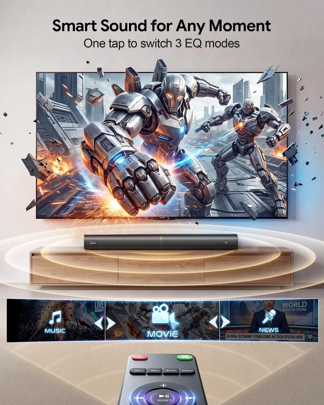Alt view image 3 of 7 - Suntrok Soundbar for TV, 2.0CH Home Theater Bluetooth 5.3 Center-Channel Speaker with 2 Wireless Karaoke Mics, Surround Sound System with HDMI ARC/Optical/AUX/USB, for Movie/Music/News Family Party