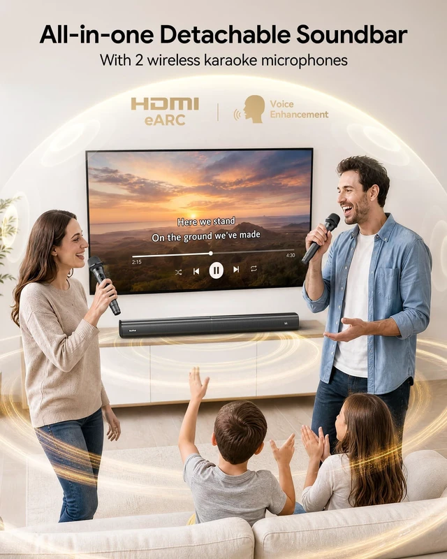 Alt view image 2 of 7 - Suntrok Soundbar for TV, 2.0CH Home Theater Bluetooth 5.3 Center-Channel Speaker with 2 Wireless Karaoke Mics, Surround Sound System with HDMI ARC/Optical/AUX/USB, for Movie/Music/News Family Party