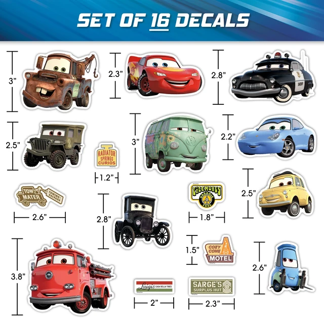 Alt view image 3 of 7 - Disney Pixar Cars Decals - Set of 16 Lightning McQueen, Tow Mater, Sally Carrera, Sheriff Vinyl Stickers for Car Laptop Computer Kids Water Bottle Outdoor Waterproof