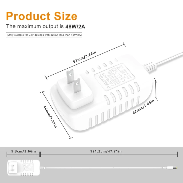 Alt view image 2 of 7 - 24V DC Power Supply Adapter 2A 48W Low Voltage Converter LED Driver Transformer with 5.5 x 2.1mm US Plug for LED Strip,COB LED Lighting,CCTV Camera,Suit 1.5A 1A 0.5A Device Power Source(White)