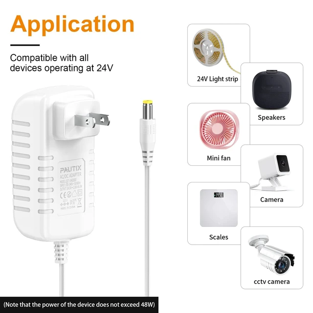 Alt view image 7 of 7 - 24V DC Power Supply Adapter 2A 48W Low Voltage Converter LED Driver Transformer with 5.5 x 2.1mm US Plug for LED Strip,COB LED Lighting,CCTV Camera,Suit 1.5A 1A 0.5A Device Power Source(White)