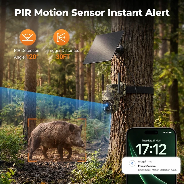 Alt view image 5 of 7 - 4G LTE Cellular Trail Cameras, 2.5K 360° Live Always-On-Video Recording Solar Powered Game Camera with Night Vision Motion Activated Waterproof, Built-in SIM Card, No WiFi Needed Security Cam 2 Pcs