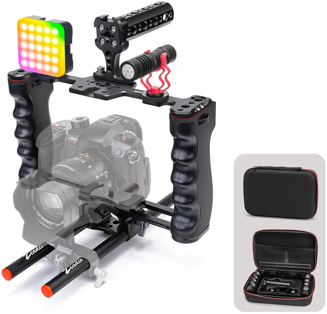 Main image of All-in-One Video Rig Kit, Aluminum Handheld Camera Cage with RGB Video Light, Microphone, Top Handle,15mm Rod Guide, Extension Rods & Carrying Case for Filmmaking Vlogging Recording etc