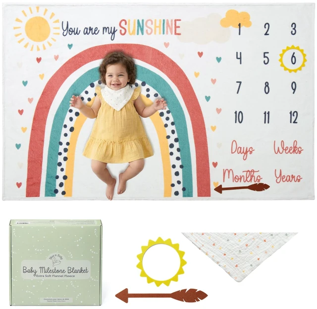 Main image of Monthly Milestone Blanket for Baby Girl - 60"x40" - Wrinkle Free Newborn Age Month Blanket with Growth Chart - Washable & Dryable - w/Frames & Cotton Bib - Boho Theme