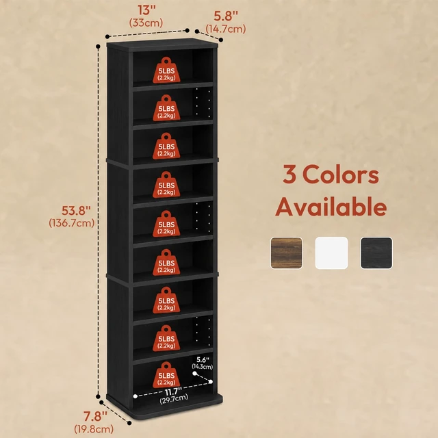 Alt view image 2 of 7 - 9-Shelf Tall Narrow CD Rack, DVD Storage Cabinets with Adjustable Shelves, Easy Assembly DVD Shelf, Media Shelf for CD Blueray Game Disc, for Home Office, Living Room, Americano