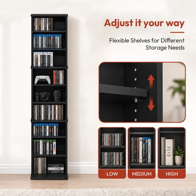 Alt view image 3 of 7 - 9-Shelf Tall Narrow CD Rack, DVD Storage Cabinets with Adjustable Shelves, Easy Assembly DVD Shelf, Media Shelf for CD Blueray Game Disc, for Home Office, Living Room, Americano