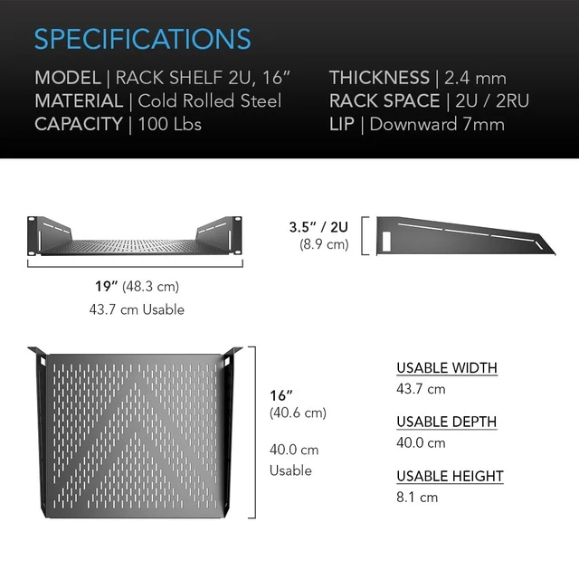 Alt view image 2 of 6 - Vented Rack Shelf 2U, 16" Deep for 19" Servers & Racks 100 lb Capacity, Heavy-Duty 2.4mm Cold-Rolled Steel Cantilever Shelf with Airflow Vents for Network, IT, Audio Video AV Racks
