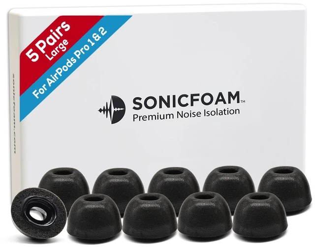Main image of SFAir-1-2 Pro Large - Memory Foam Earbud Tips - 5 Pairs - Black Fits Airpods Pro 1 & 2, One Pair Lasts up to 4 weeks, Fits in Charging Case