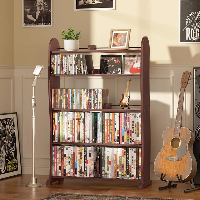 Alt view image 2 of 7 - DVD Storage Cabinet, 5-Tier DVD Shelf and CD Rack, Walnut Adjustable Dividers for CDs, Blu-Ray, Video Games and Books With a Freestanding Media Shelf