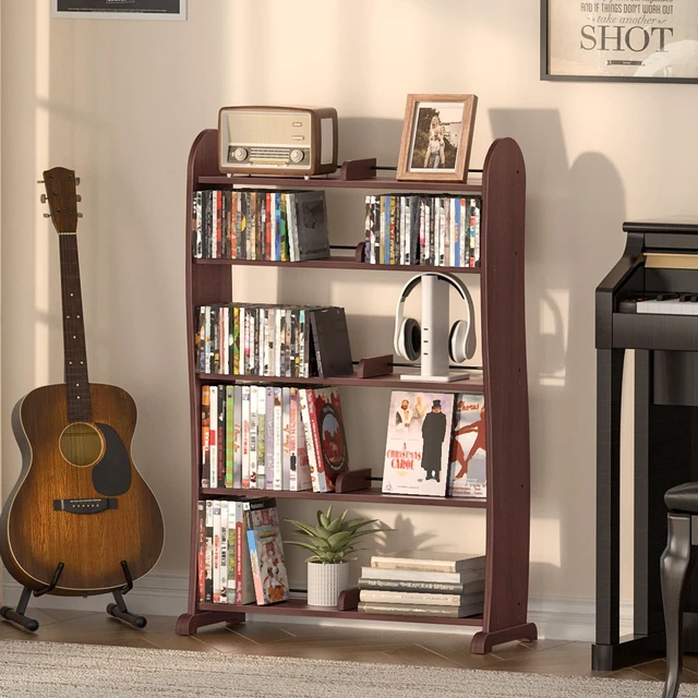 Alt view image 6 of 7 - DVD Storage Cabinet, 5-Tier DVD Shelf and CD Rack, Walnut Adjustable Dividers for CDs, Blu-Ray, Video Games and Books With a Freestanding Media Shelf