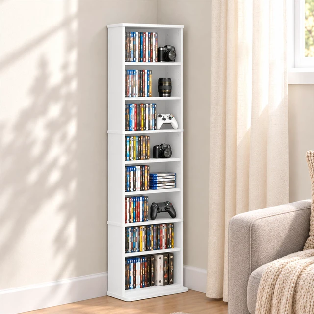 Main image of 9-Shelf Tall Narrow CD Rack, DVD Storage Cabinets with Adjustable Shelves, Easy Assembly DVD Shelf, Media Shelf for CD Blueray Game Disc, for Home Office, Living Room, White