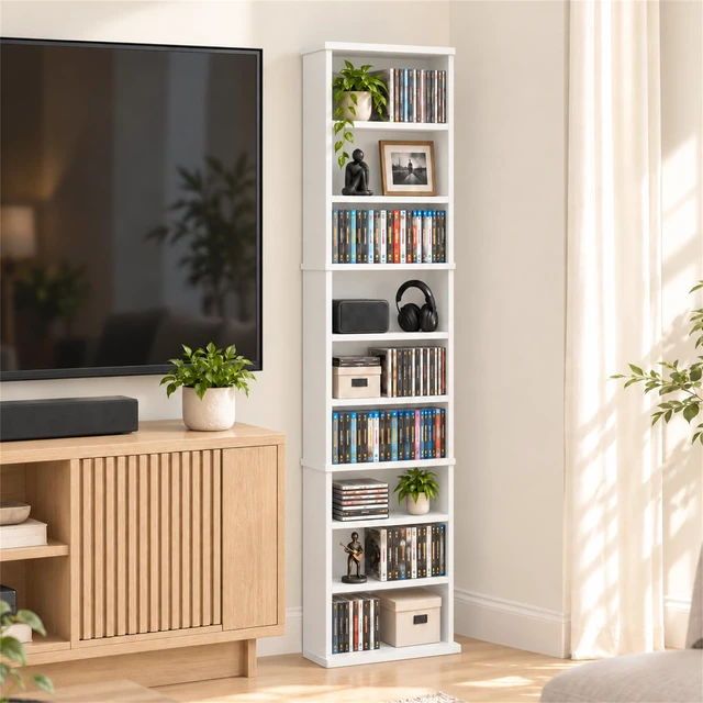 Alt view image 6 of 7 - 9-Shelf Tall Narrow CD Rack, DVD Storage Cabinets with Adjustable Shelves, Easy Assembly DVD Shelf, Media Shelf for CD Blueray Game Disc, for Home Office, Living Room, White