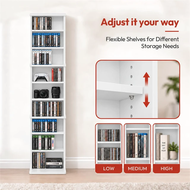 Alt view image 3 of 7 - 9-Shelf Tall Narrow CD Rack, DVD Storage Cabinets with Adjustable Shelves, Easy Assembly DVD Shelf, Media Shelf for CD Blueray Game Disc, for Home Office, Living Room, White