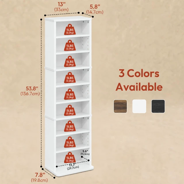 Alt view image 2 of 7 - 9-Shelf Tall Narrow CD Rack, DVD Storage Cabinets with Adjustable Shelves, Easy Assembly DVD Shelf, Media Shelf for CD Blueray Game Disc, for Home Office, Living Room, White