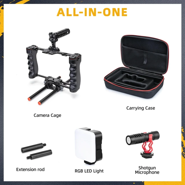 Alt view image 2 of 7 - All-in-One Video Rig Kit, Aluminum Handheld Camera Cage with RGB Video Light, Microphone, Top Handle,15mm Rod Guide, Extension Rods & Carrying Case for Filmmaking Vlogging Recording etc