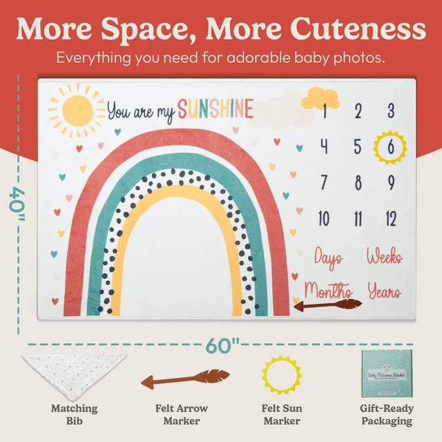 Alt view image 2 of 7 - Monthly Milestone Blanket for Baby Girl - 60"x40" - Wrinkle Free Newborn Age Month Blanket with Growth Chart - Washable & Dryable - w/Frames & Cotton Bib - Boho Theme