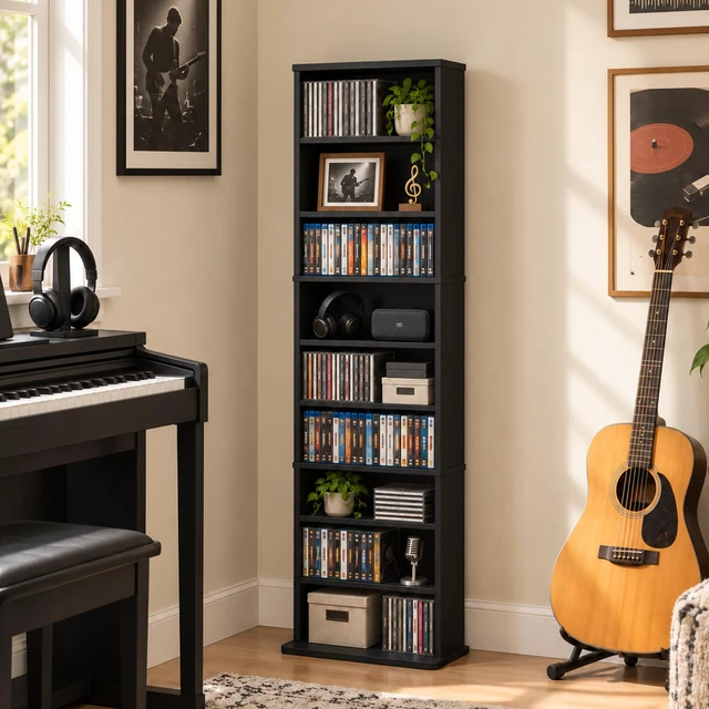 Alt view image 6 of 7 - 9-Shelf Tall Narrow CD Rack, DVD Storage Cabinets with Adjustable Shelves, Easy Assembly DVD Shelf, Media Shelf for CD Blueray Game Disc, for Home Office, Living Room, Americano