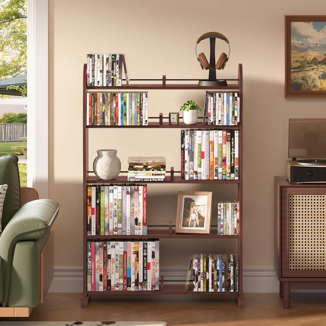 Alt view image 7 of 7 - DVD Storage Cabinet, 5-Tier DVD Shelf and CD Rack, Walnut Adjustable Dividers for CDs, Blu-Ray, Video Games and Books With a Freestanding Media Shelf