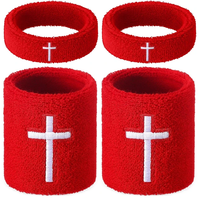Main image of Cross Bicep & Wrist Bands Absorbent Sweatband Set Christian, Breathable Soft Cotton, Wristbands Armbands for Football Baseball Players Sports Accessories, Men and Women