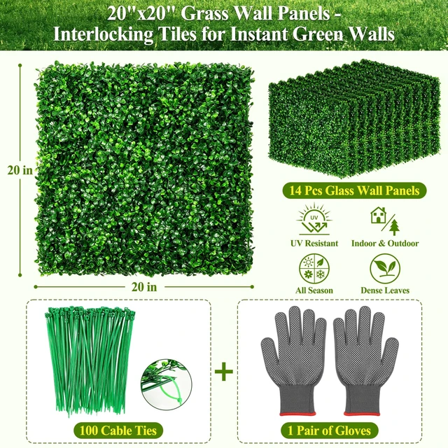 Alt view image 2 of 7 - 20" X 20" Artificial Grass Wall Panels 14Pcs Greenery Backdrop UV-Protected Faux Boxwood Panels 39 ft² Fake Green Wall Privacy Screen for Outdoor Indoor Decor Party Wedding Garden Fence Decorations