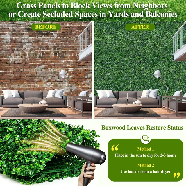 Alt view image 4 of 7 - 20" X 20" Artificial Grass Wall Panels 14Pcs Greenery Backdrop UV-Protected Faux Boxwood Panels 39 ft² Fake Green Wall Privacy Screen for Outdoor Indoor Decor Party Wedding Garden Fence Decorations