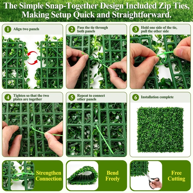 Alt view image 6 of 7 - 20" X 20" Artificial Grass Wall Panels 14Pcs Greenery Backdrop UV-Protected Faux Boxwood Panels 39 ft² Fake Green Wall Privacy Screen for Outdoor Indoor Decor Party Wedding Garden Fence Decorations