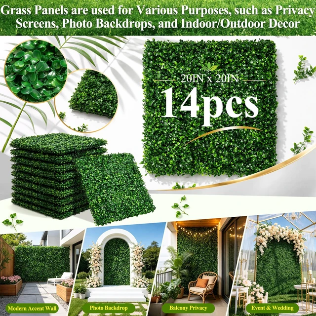 Alt view image 5 of 7 - 20" X 20" Artificial Grass Wall Panels 14Pcs Greenery Backdrop UV-Protected Faux Boxwood Panels 39 ft² Fake Green Wall Privacy Screen for Outdoor Indoor Decor Party Wedding Garden Fence Decorations