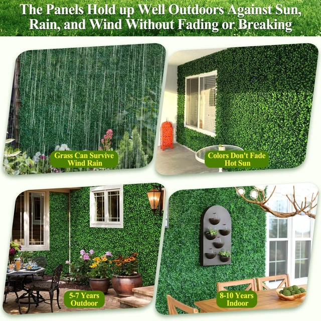 Alt view image 7 of 7 - 20" X 20" Artificial Grass Wall Panels 14Pcs Greenery Backdrop UV-Protected Faux Boxwood Panels 39 ft² Fake Green Wall Privacy Screen for Outdoor Indoor Decor Party Wedding Garden Fence Decorations