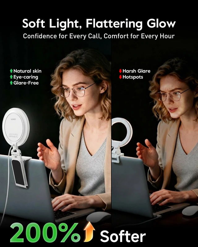 Alt view image 2 of 7 - Computer Lighting for Video conferencing with Flexible Clip, 50 Modes Eye-Care Diffused Light, CRI>97.8, Memory, Lighting for Zoom meetings, Streaming, Portable for Laptop, Monitor & Webcam