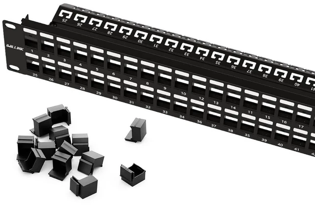 Main image of 48 Port Keystone Patch Panel with Blank Keystone Jack Inserts, 2U Cat6 RJ45 Patch Panel, 19'' Metal Rackmount or Wallmount Housing for Keystone Jacks, Blank Keystone Panel