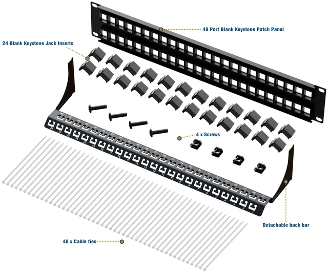 Alt view image 2 of 6 - 48 Port Keystone Patch Panel with Blank Keystone Jack Inserts, 2U Cat6 RJ45 Patch Panel, 19'' Metal Rackmount or Wallmount Housing for Keystone Jacks, Blank Keystone Panel