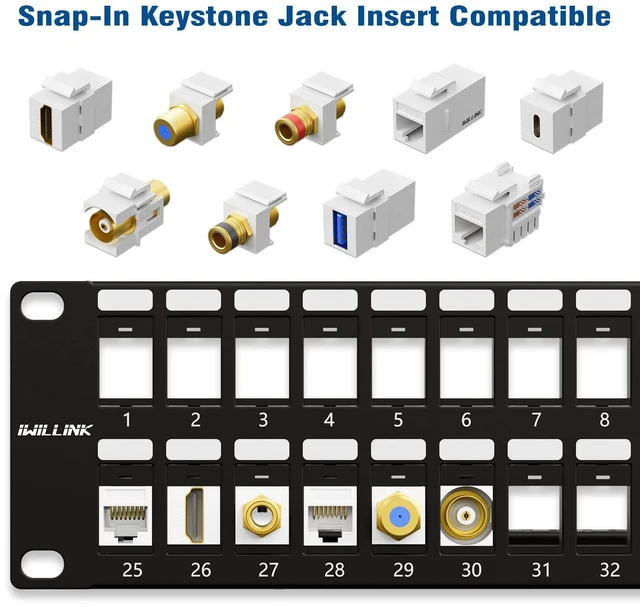 Alt view image 6 of 6 - 48 Port Keystone Patch Panel with Blank Keystone Jack Inserts, 2U Cat6 RJ45 Patch Panel, 19'' Metal Rackmount or Wallmount Housing for Keystone Jacks, Blank Keystone Panel
