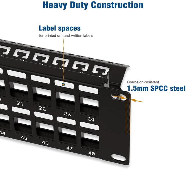 Alt view image 4 of 6 - 48 Port Keystone Patch Panel with Blank Keystone Jack Inserts, 2U Cat6 RJ45 Patch Panel, 19'' Metal Rackmount or Wallmount Housing for Keystone Jacks, Blank Keystone Panel