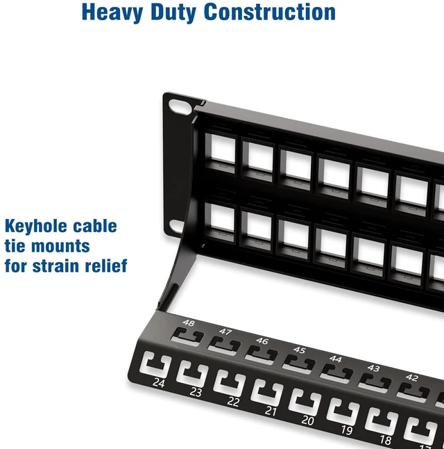 Alt view image 5 of 6 - 48 Port Keystone Patch Panel with Blank Keystone Jack Inserts, 2U Cat6 RJ45 Patch Panel, 19'' Metal Rackmount or Wallmount Housing for Keystone Jacks, Blank Keystone Panel