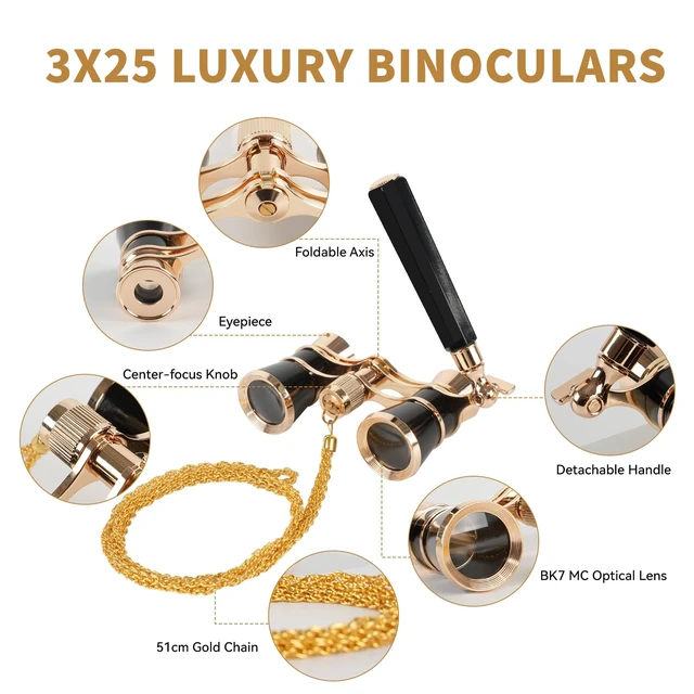 Alt view image 6 of 7 - 3X25 Opera Glasses for Women Theater Glasses for Concert with HD Optics Mini Compact Binoculars for with Retractable Handle & Exquisite Chain Vintage Portable Costume Binoculars for Musical Cinema