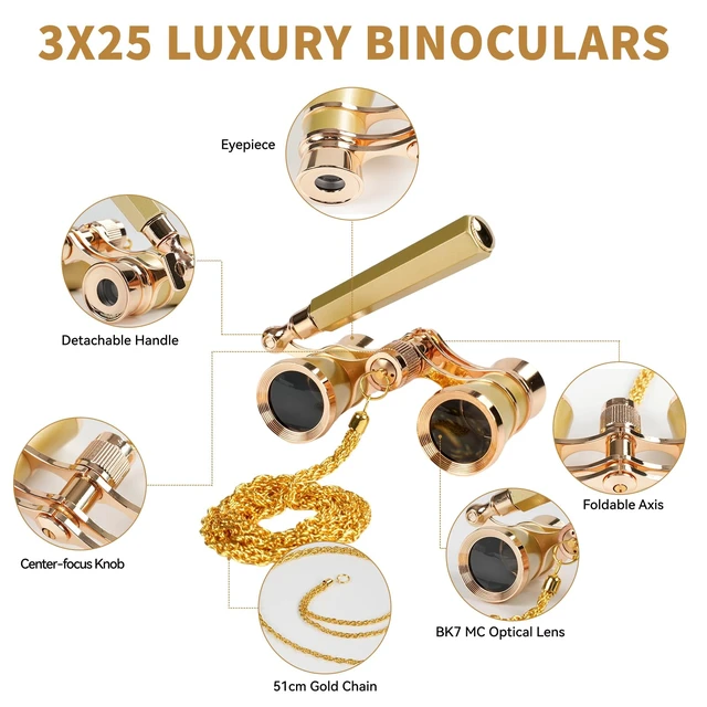 Alt view image 6 of 7 - 3X25 Opera Glasses Binoculars with Adjustable Handles Exquisite Chain Theater Glasses for Adults with BK7 HD Optical Lens Portable Binocular for Women Kids Ideal for Concert Gold Opera Binoculars
