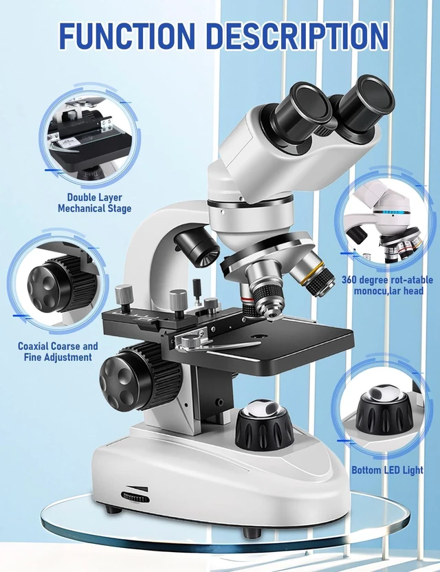 Alt view image 6 of 7 - Binocular Compound Microscope 40X-2000X, Research Grade Professional Microscope with Dual Mechanical Stages and Coaxial Coarse/Fine Focus Knobs, Built-in Electronic Eyepieces, Adult Microscope
