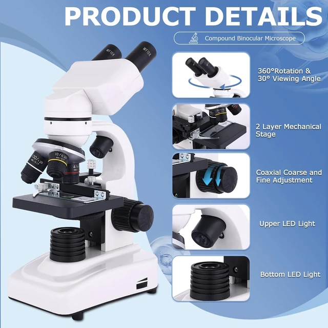 Alt view image 3 of 7 - Microscope for Adults & Kids,40-2500X Binocular Microscope for School Lab & Home Schooling,with Mechanical Stages,Slides Set & Phone Holder