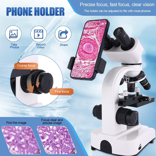 Alt view image 5 of 7 - Microscope for Adults & Kids,40-2500X Binocular Microscope for School Lab & Home Schooling,with Mechanical Stages,Slides Set & Phone Holder
