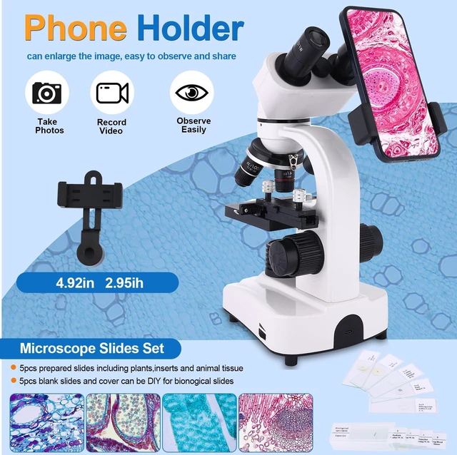 Alt view image 7 of 7 - Microscope for Adults & Kids,40-2500X Binocular Microscope for School Lab & Home Schooling,with Mechanical Stages,Slides Set & Phone Holder
