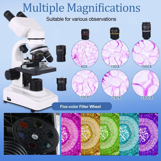 Alt view image 4 of 7 - Microscope for Adults & Kids,40-2500X Binocular Microscope for School Lab & Home Schooling,with Mechanical Stages,Slides Set & Phone Holder