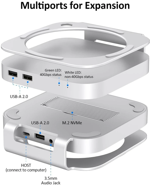 Alt view image 3 of 7 - 40Gbps USB4 Mac mini M4/M5/M6 Dock, All-Aluminum Docking Station with 40Gbps M.2 SSD (NVMe PCle) Enclosure, 3*USB 2.0, 3.5mm Audio, USB4 Host Mac mini M4/M5/M6 USB-4 Dock