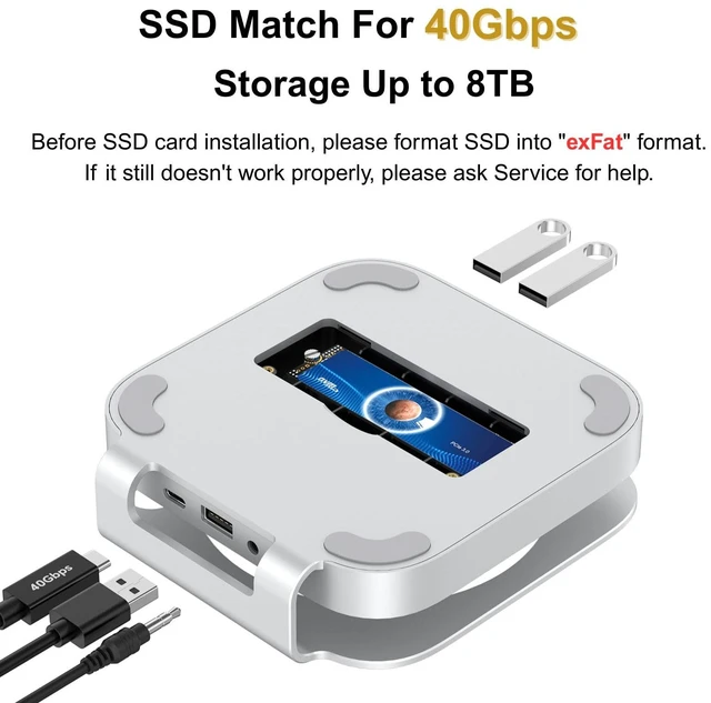 Alt view image 2 of 7 - 40Gbps USB4 Mac mini M4/M5/M6 Dock, All-Aluminum Docking Station with 40Gbps M.2 SSD (NVMe PCle) Enclosure, 3*USB 2.0, 3.5mm Audio, USB4 Host Mac mini M4/M5/M6 USB-4 Dock