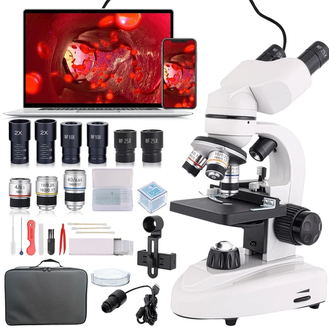 Main image of Binocular Compound Microscope 40X-2000X, Research Grade Professional Microscope with Dual Mechanical Stages and Coaxial Coarse/Fine Focus Knobs, Built-in Electronic Eyepieces, Adult Microscope