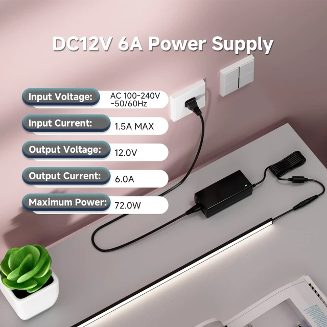 Alt view image 5 of 7 - 12V 6A 72W Power Supply Adapter ETL Listed, Class 2 100-240V AC to 12V DC Converter Power Supply, 5.5x2.1mm Jack for Low Voltage LED Strip Lights, CCTV, Router, Electronics