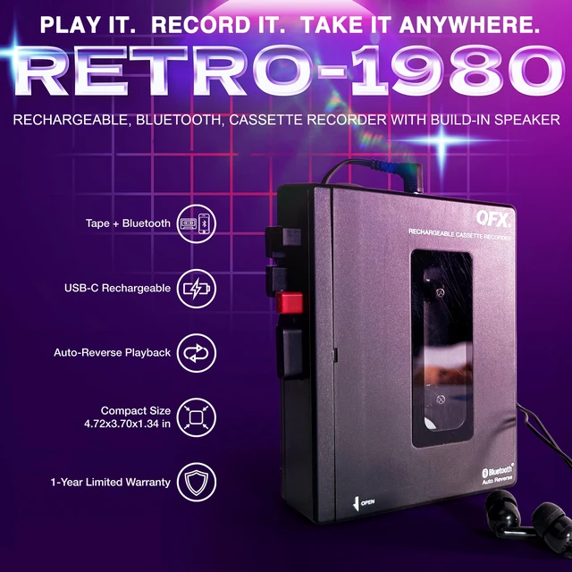 Alt view image 2 of 7 - Portable Bluetooth Cassette Tape Player Recorder, RETRO-1980 Auto Reverse, USB-C Rechargeable, Built-In Speaker and Microphone, Stereo Earbuds Included