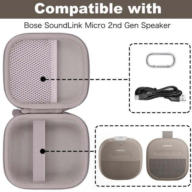 Alt view image 4 of 7 - for Bose New SoundLink Micro 2nd Gen Speaker Protective Case, Sand EVA Hard Shell, Soft Velvet Lining, Durable Wrist Strap, Portable Travel Bag with Carabiner, Mesh Accessory Pocket
