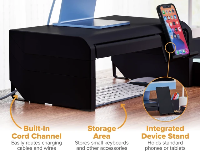 Alt view image 5 of 7 - Konnect Adjustable Monitor Riser with Drawer, Cell Phone Stand & Pencil Holder, Laptop Stand for Desk, 4 Height Levels, Cable Management & Rubber Feet